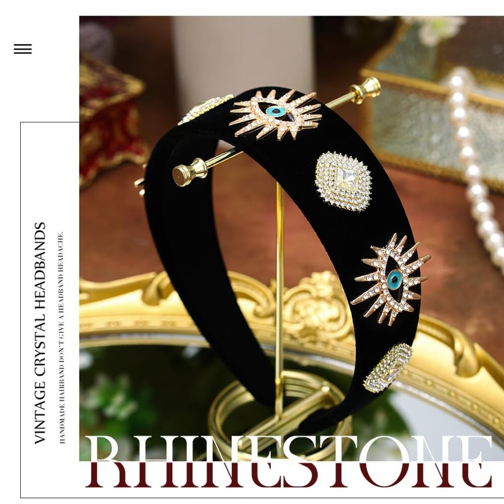 Black Baroque Wide Headbands Evil Eyes Hairbands Jeweled Rhinestones Hair Band P - Picture 2 of 6